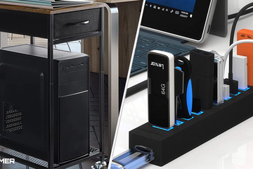 PC Computer tower stand on left, usb hub on right