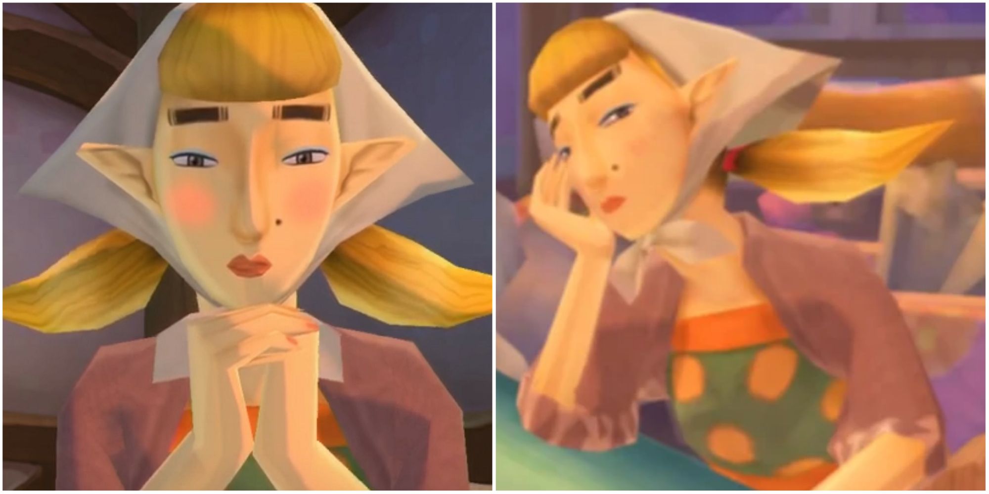 Split image screenshots of Peatrice in Skyward Sword.