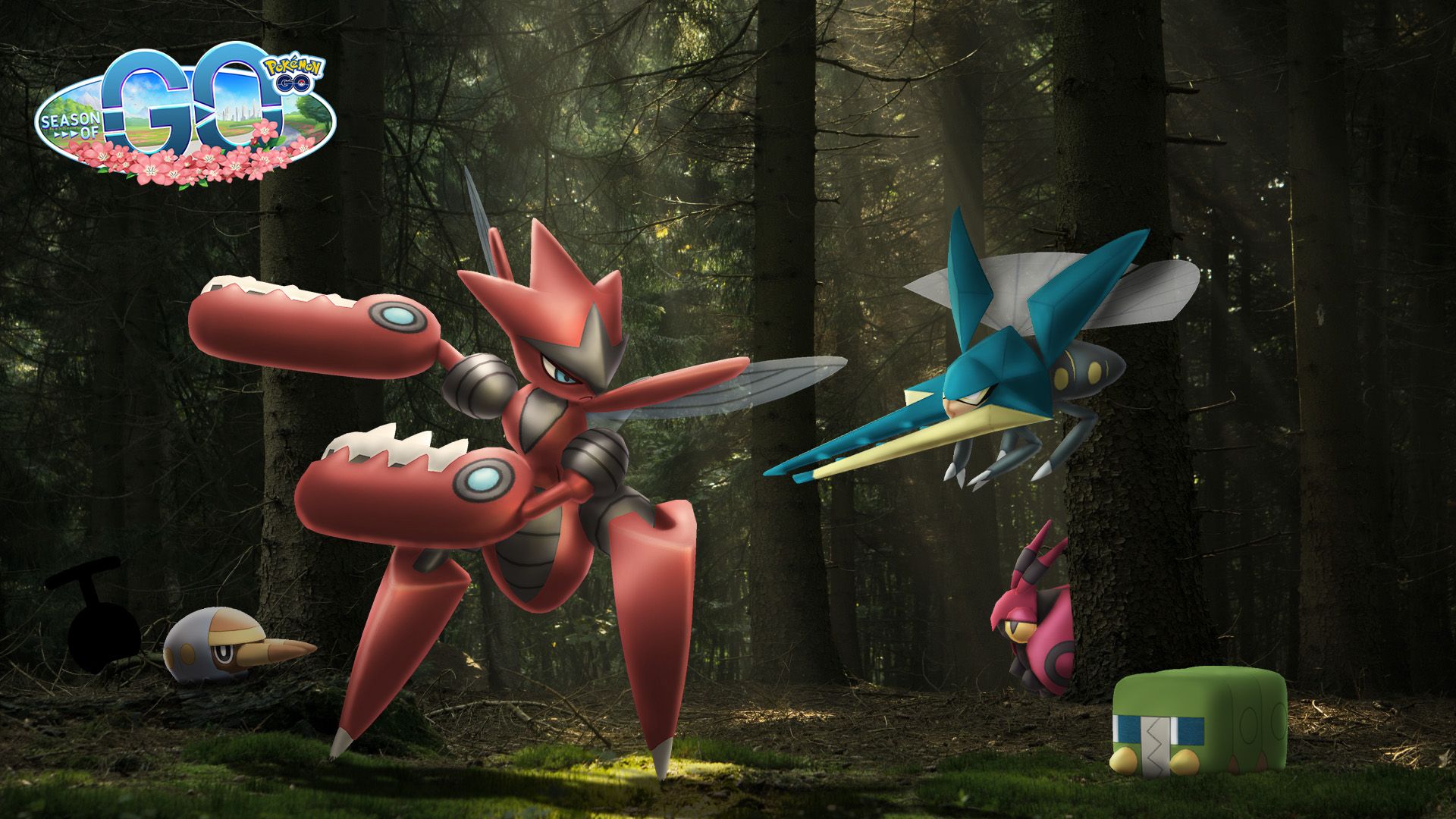 Grubbin, Mega Scissor, Vikavolt, Charjabug, and Venipede in a forest