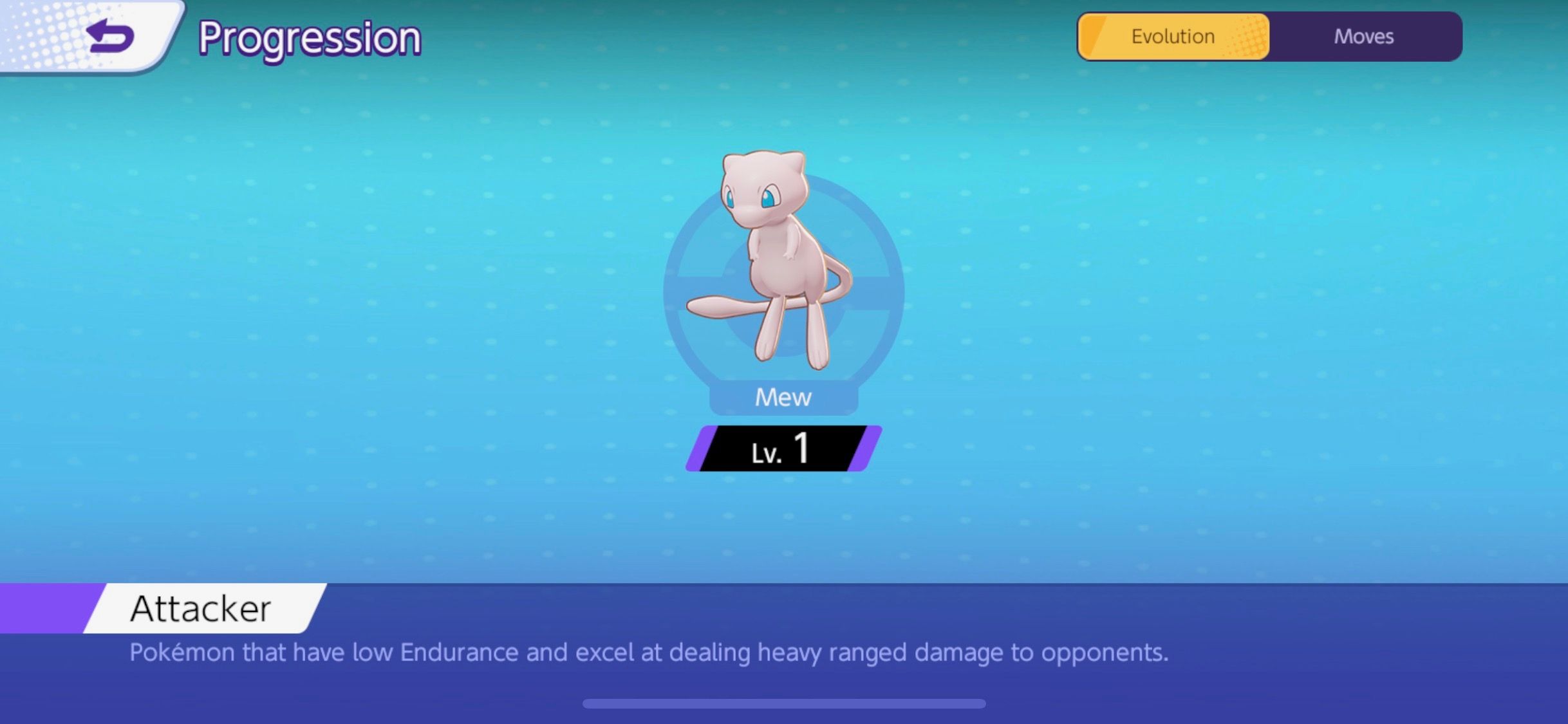 Mew's progression screen from Pokemon Unite