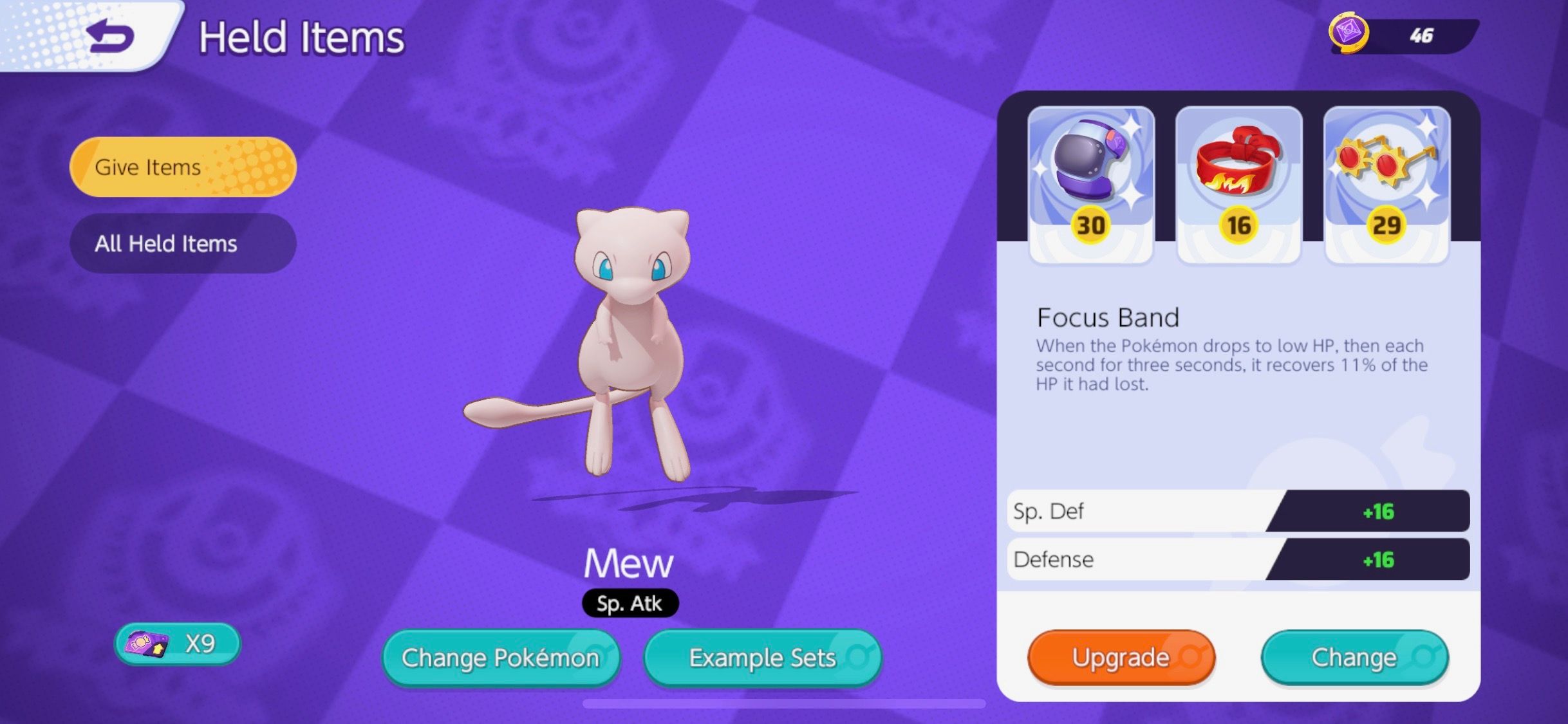Mew's Held Item selection screen with Score Shield, Focus Band, and Choice Specs equipped