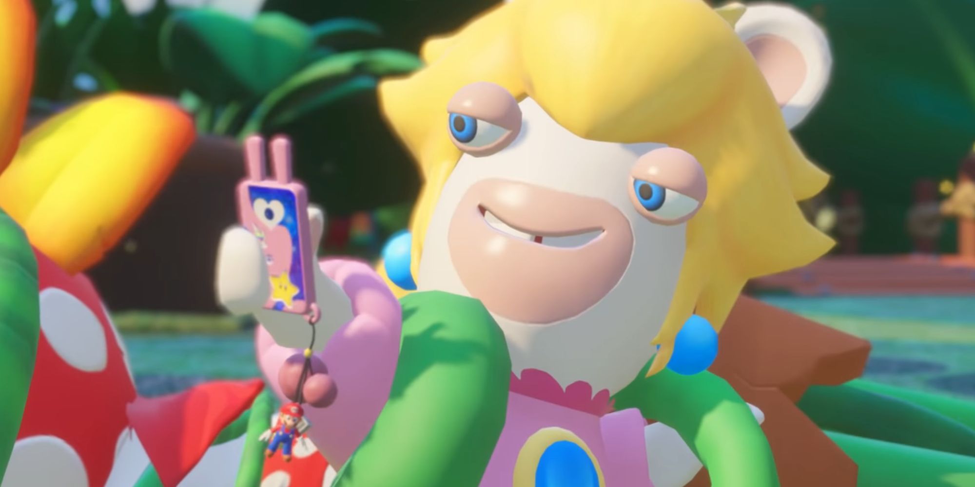 Rabbid Peach takes a selfie with a vine around her neck