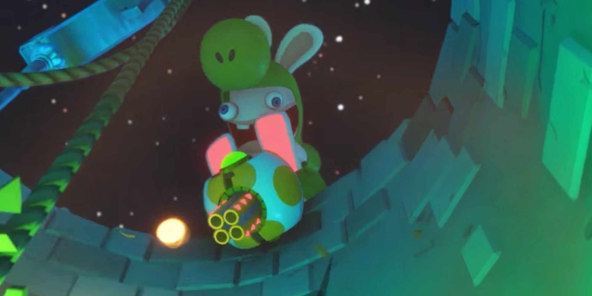 Rabbid Yoshi shots down a well on a dark night