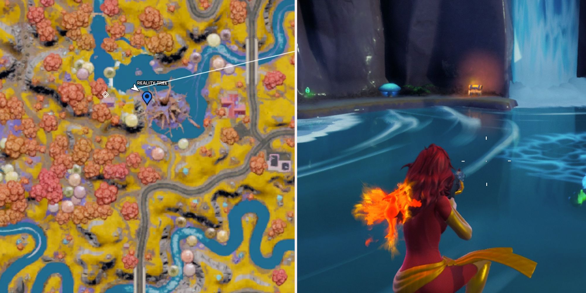 Fortnite marker at the Reality Tree. Jean Grey skin in the water, aiming at a chest.