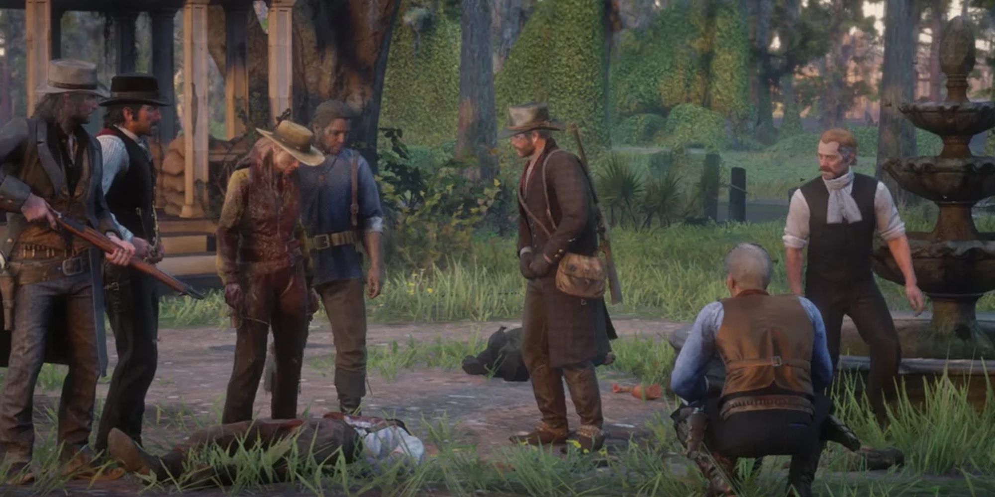 Red Dead Redemption 2 Screenshot Of Van Der Linde Gang In Aftermath Of Shady Belle Attack
