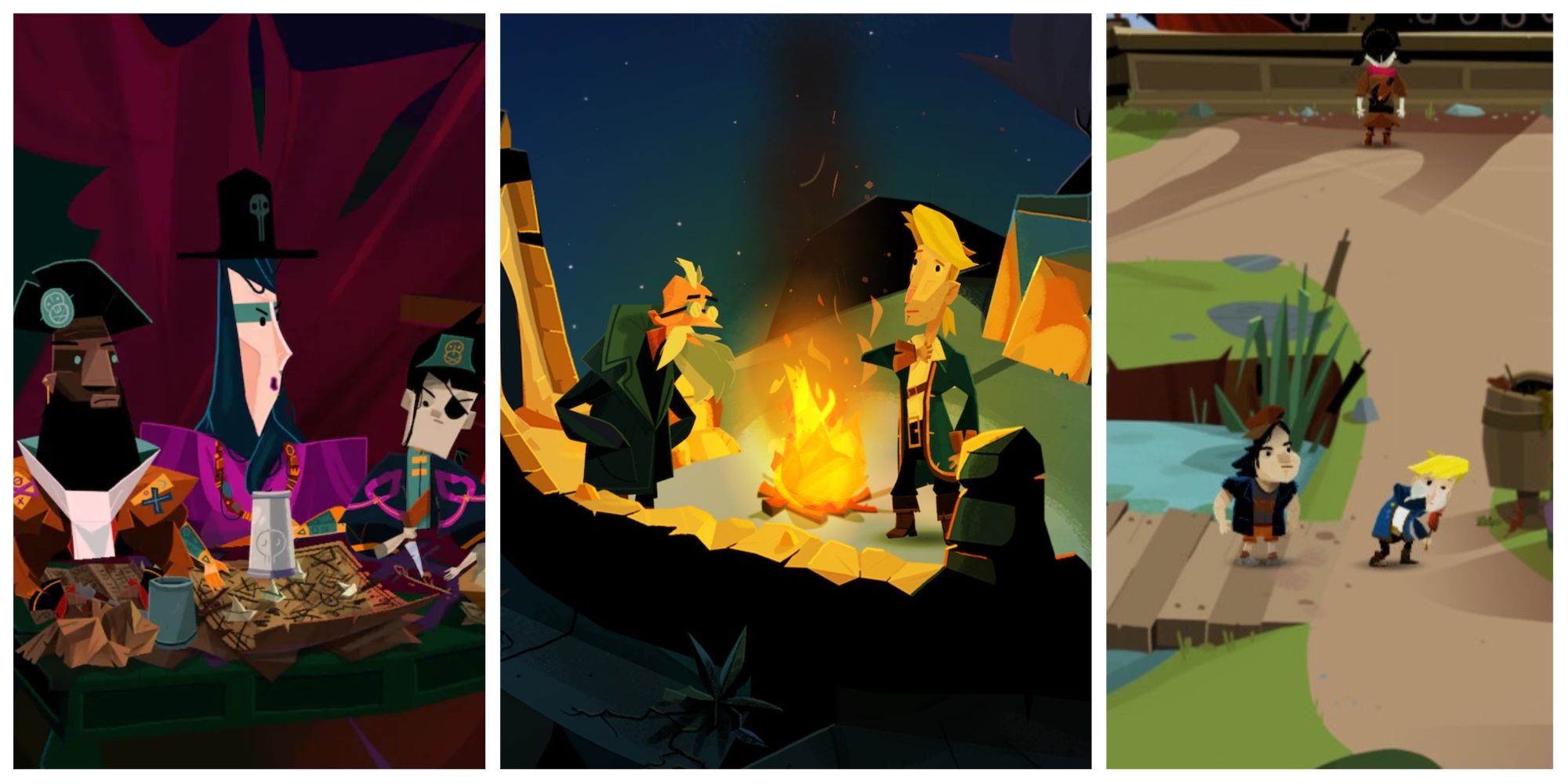 Return to Monkey Island Collage - New Pirate Council, Guybrush by fire, Boybrush and Chuckie in prologue
