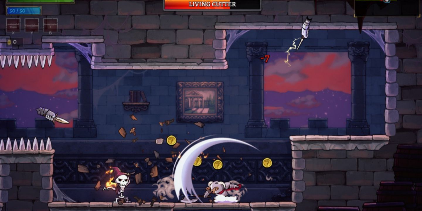 Barbarian class defeating an enemy and receiving gold in the castle in Rogue Legacy 2