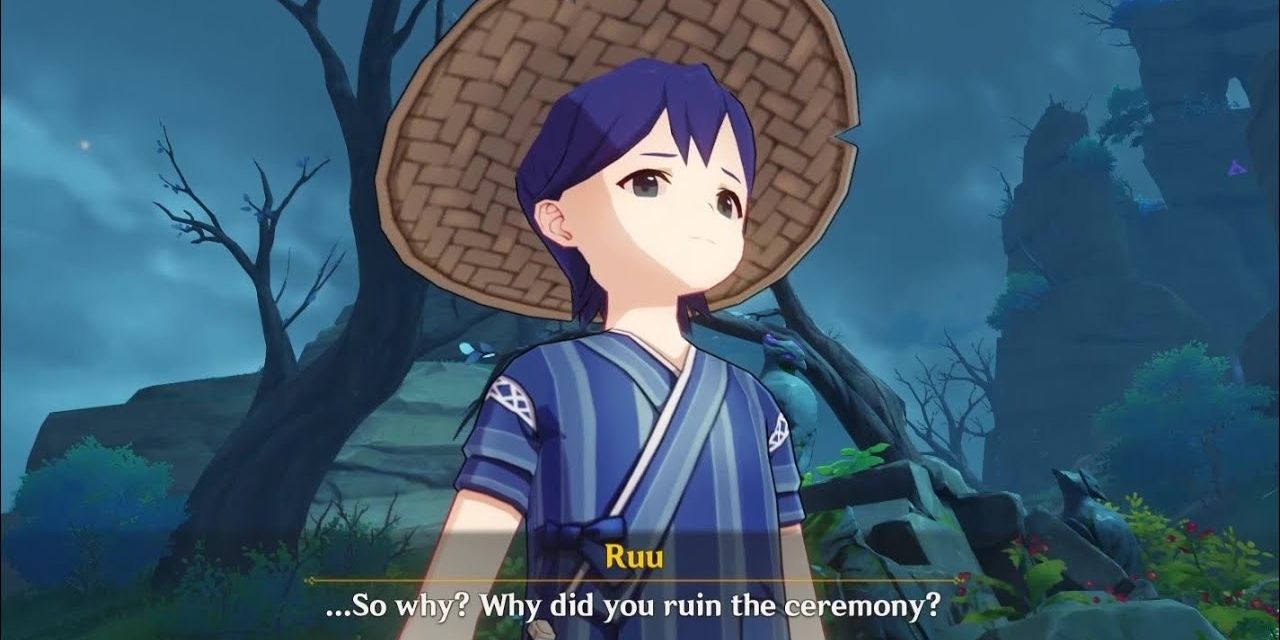 Ruu looking sad in Tsurumi Island in Genshin Impact