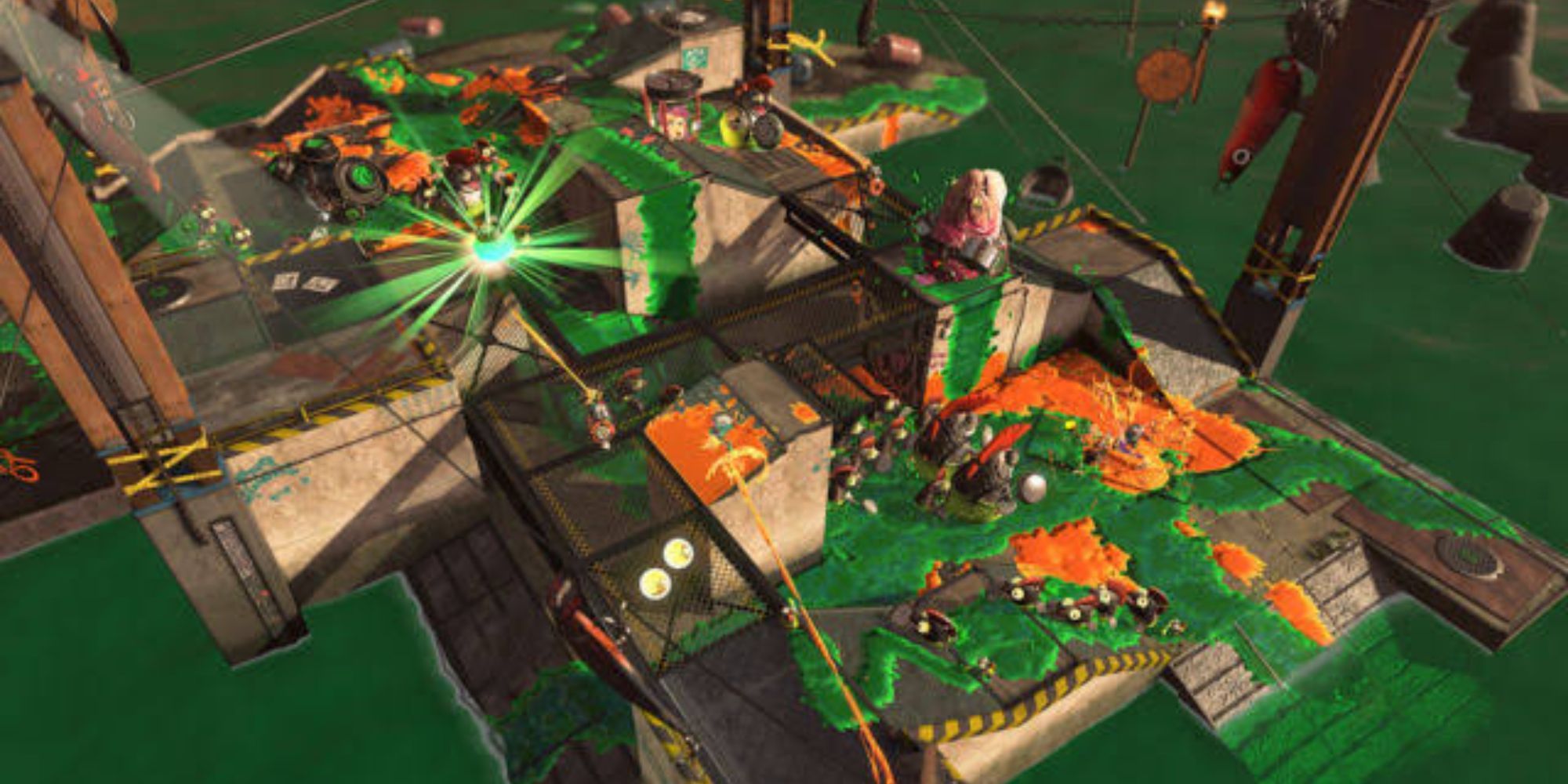 Inklings fight Salmonids on the Spawning Grounds stage while its covered in green and orange ink