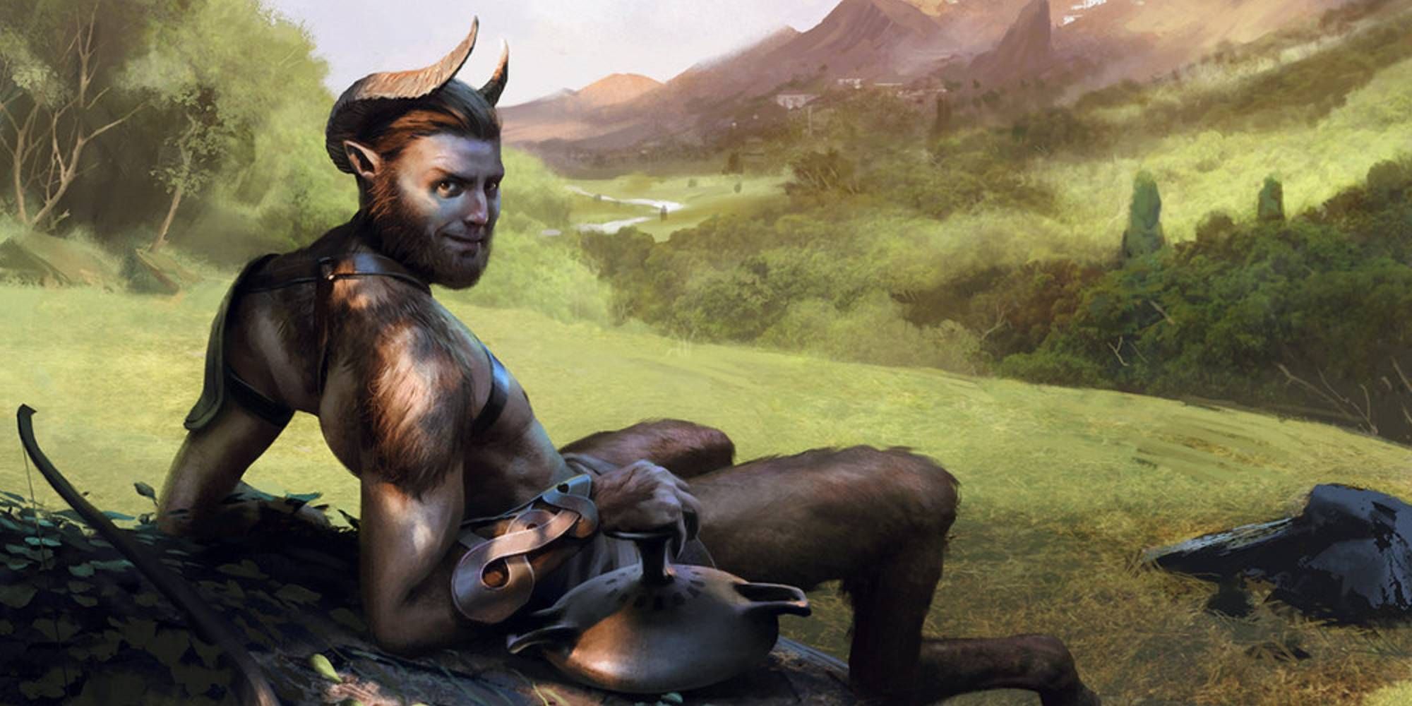 A satyr looks towards the camera as they rest in a grassy field 