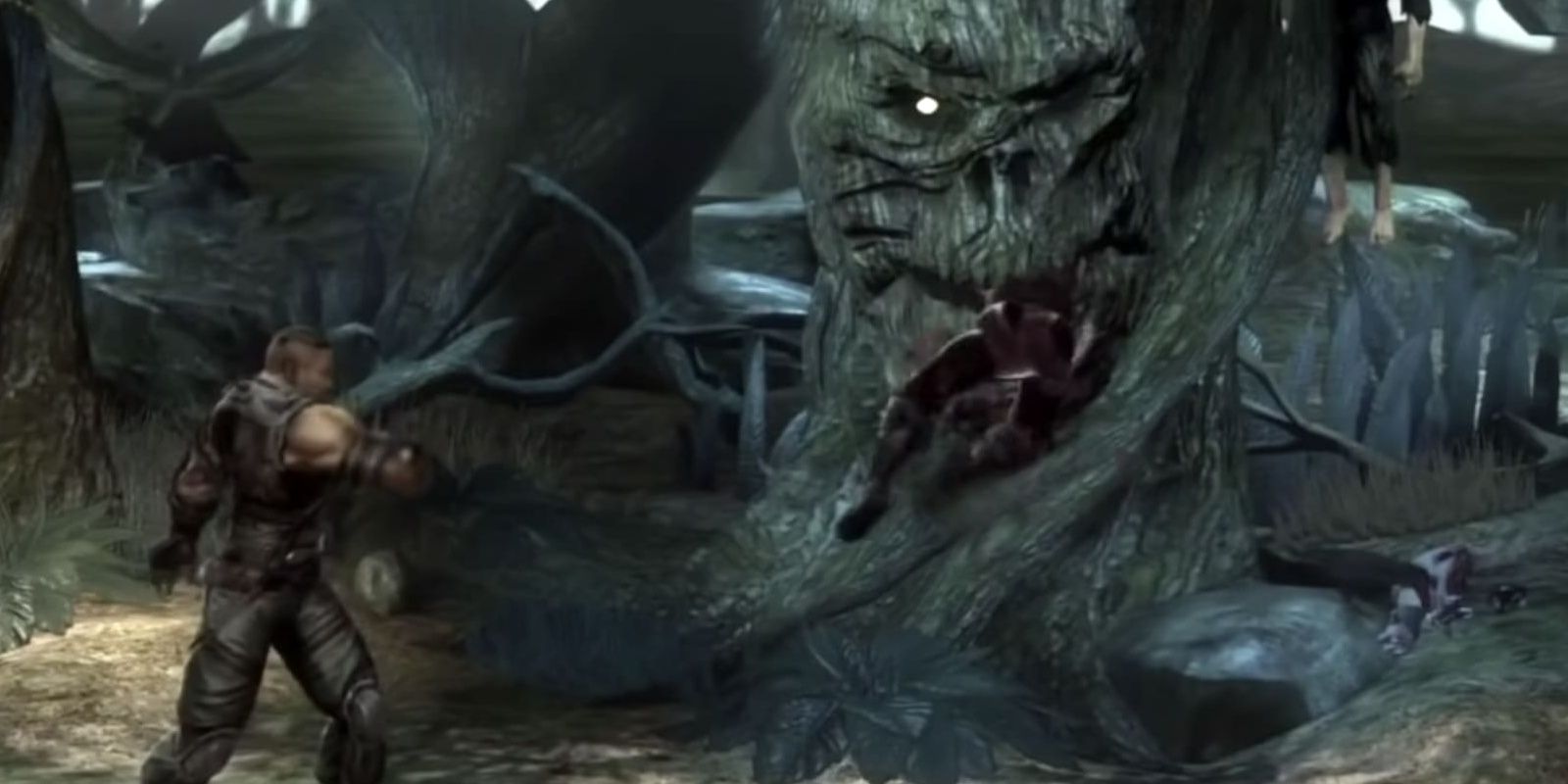Jax tosses his foe into a tree's mouth
