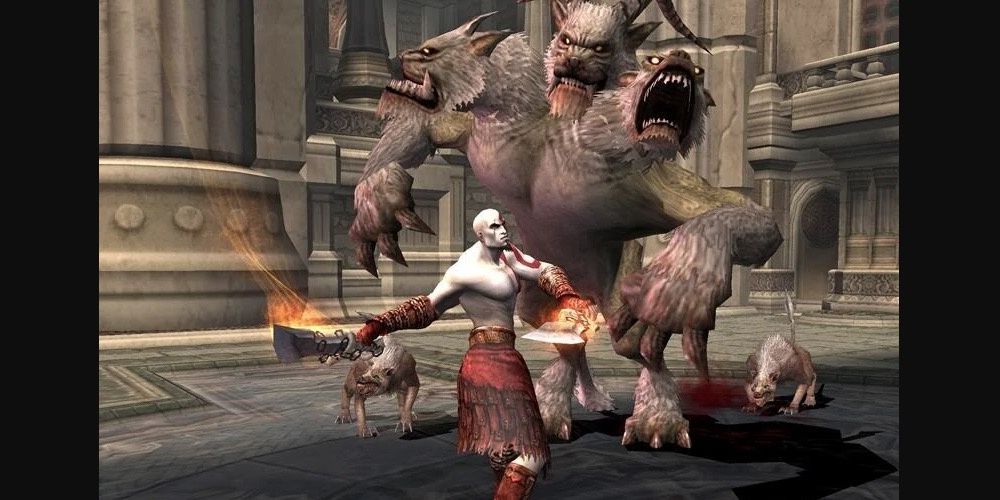 Kratos battling Cerberus and two wild dogs