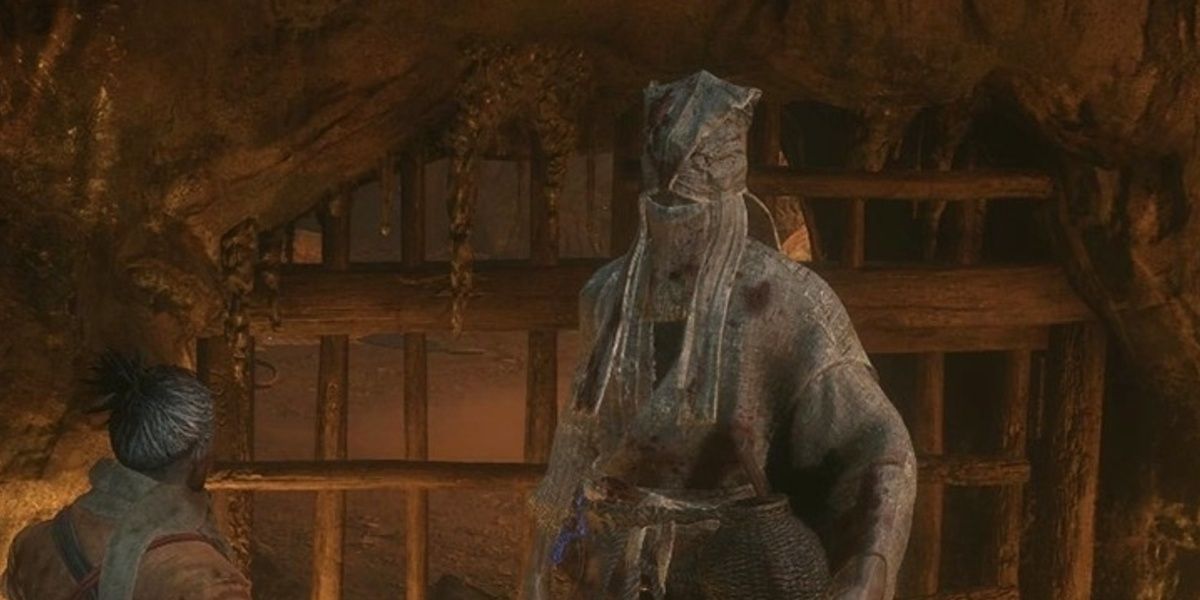 Sekiro talking to Doujun in the Abandoned Dungeon