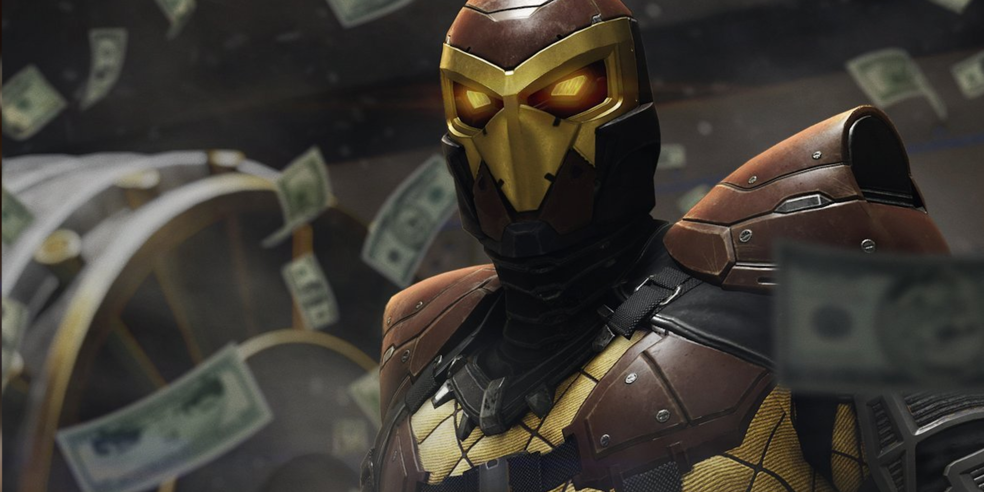 Shocker standing amongst fluttering bills of cash after blasting open a bank vault