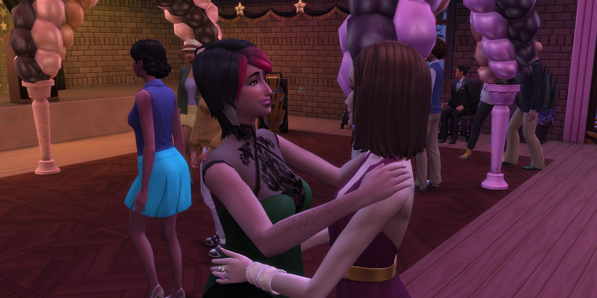 Two girls dancing at the prom in The Sims 4.