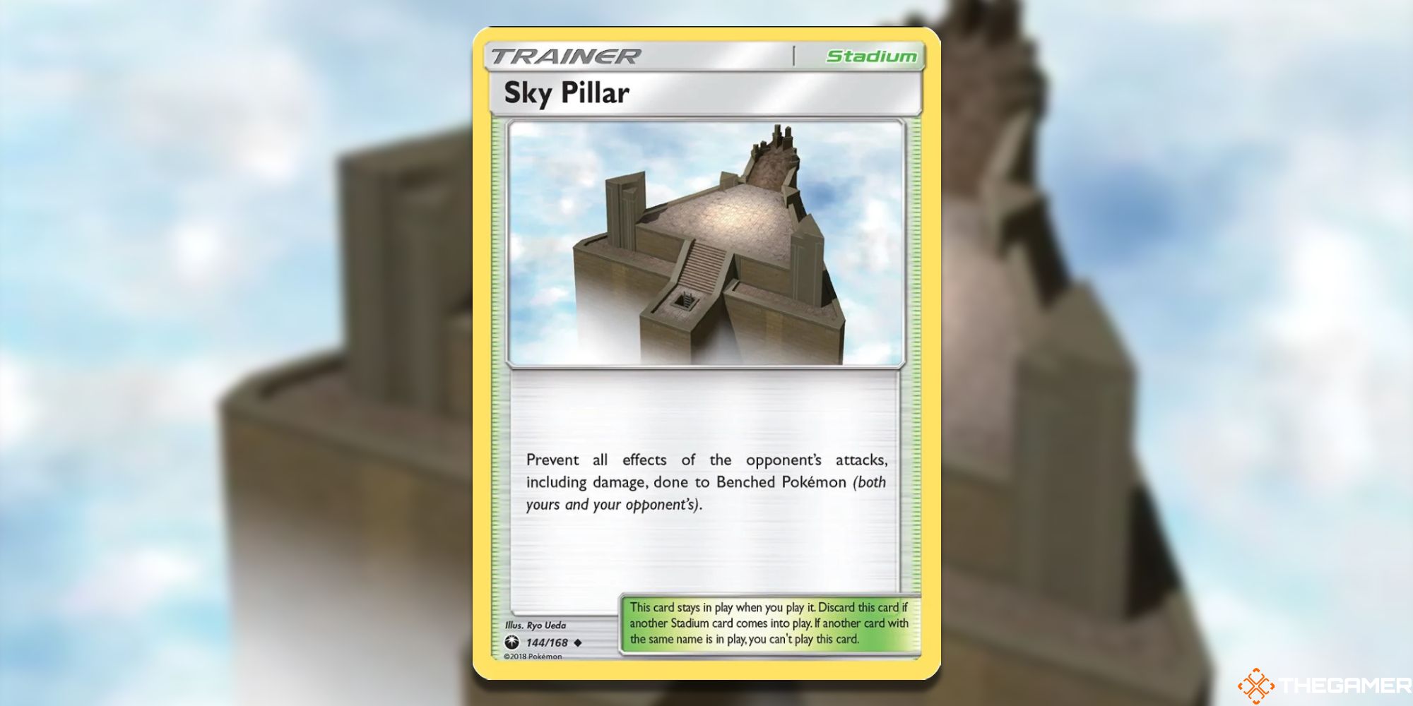 Sky Pillar Pokemon TCG Card with blurred background