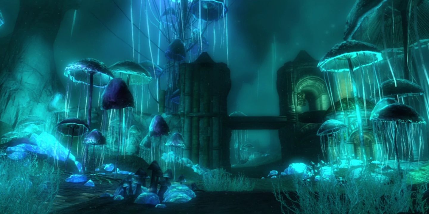 Bioluminescent mushrooms in the ancient underground city of Blackreach in Skyrim