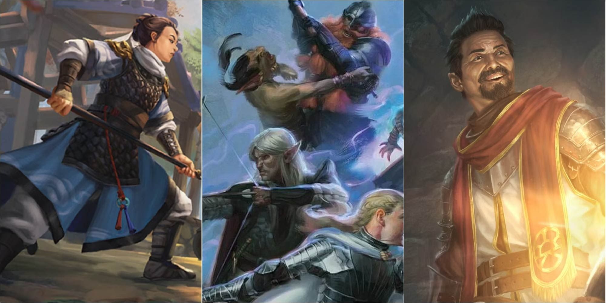 A montage with a fighter, a party and a cleric, from Dungeons & Dragons (D&D)
