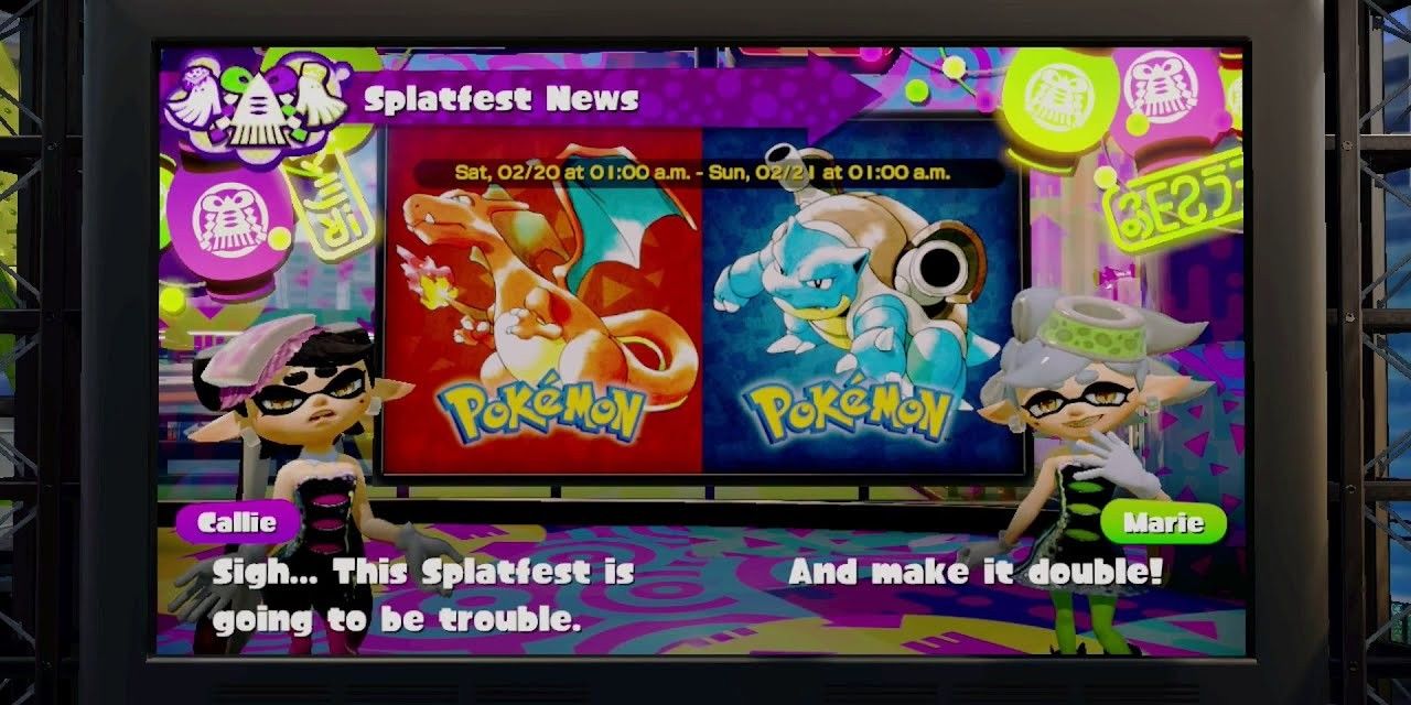 Splatoon screenshot of Callie and Marie introducing the Pokemon Red & Blue Splatfest. Callie states "Sigh... This Splatfest is going to be trouble." Marie replies, "And make it double!"