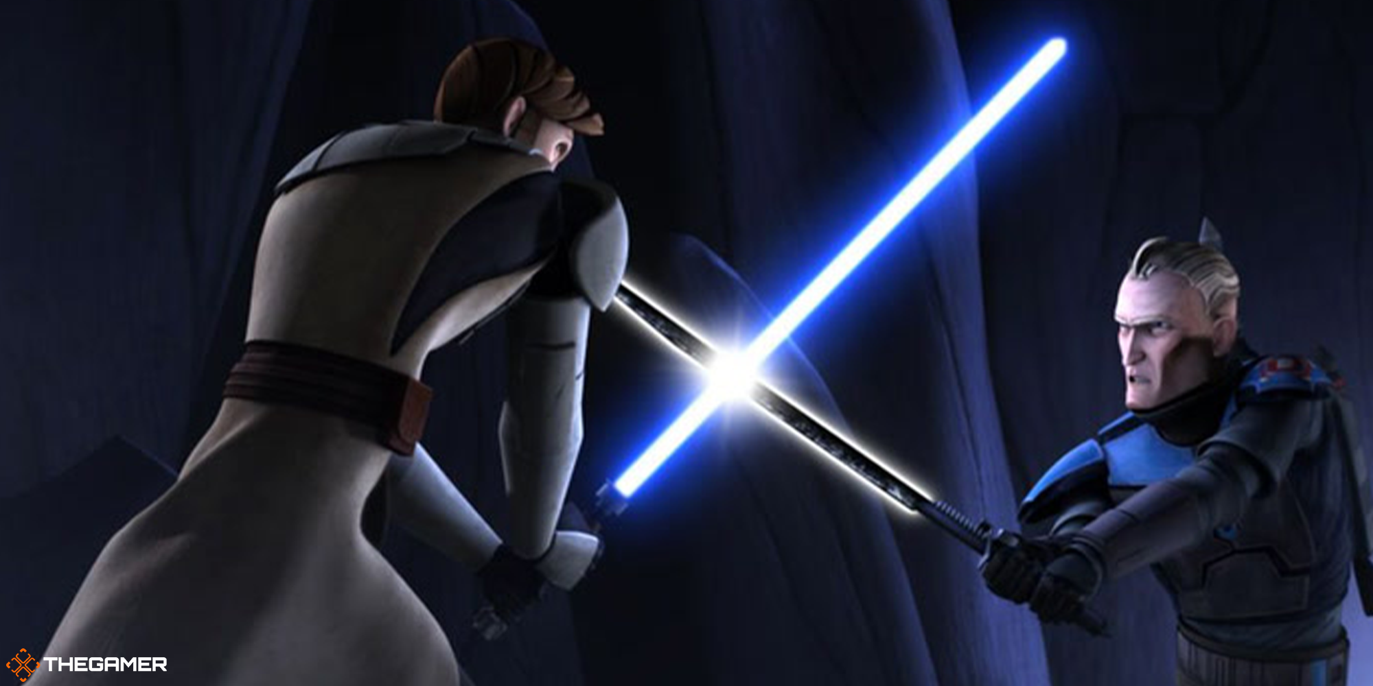 Obi Wan fights a Manadlorian wielding the Darksaber.