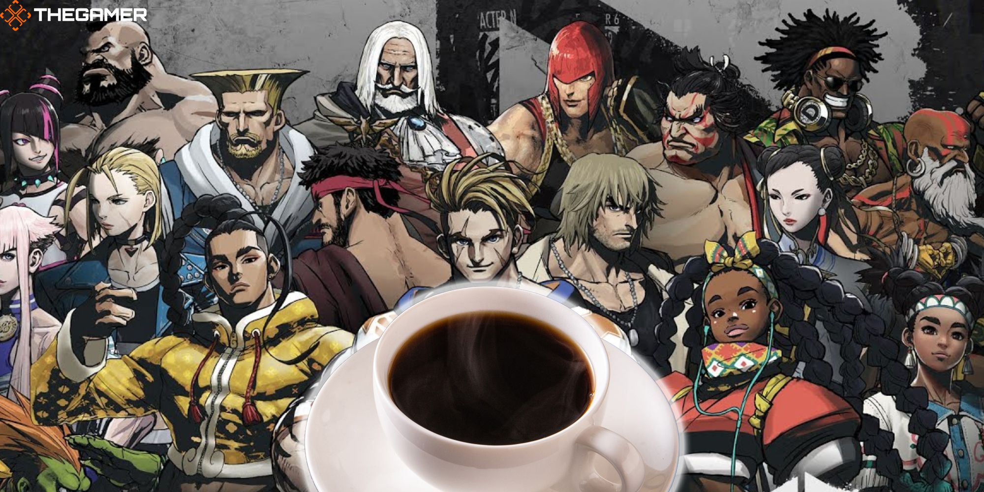 A cup of coffee in front of an illustration of the Street Fighter 6 roster. Custom image for TG.
