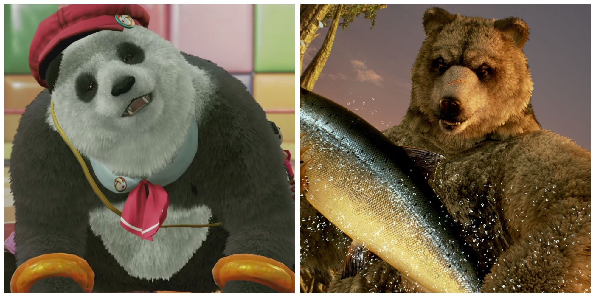 Tekken 7 screenshots of Panda sitting and Kuma holding a fish