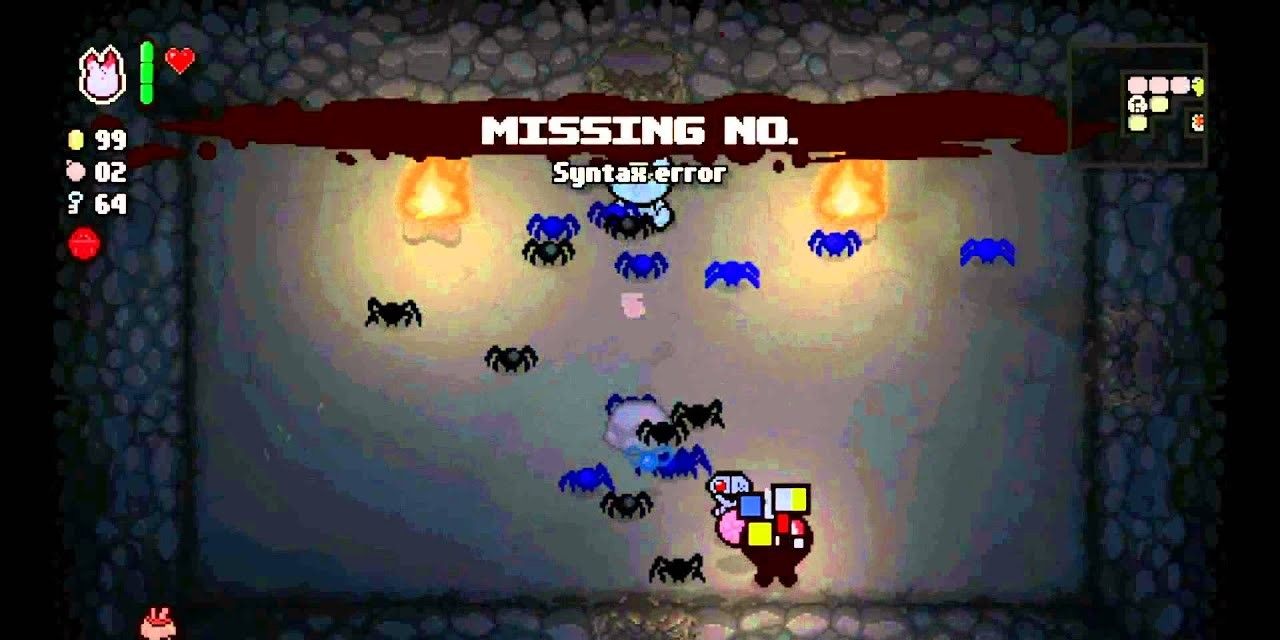 The Binding of Isaac screenshot of the Missing No. item in use, with the caption reading "Syntax Error"