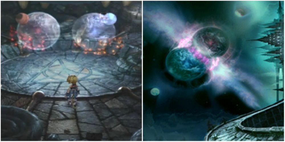 Split image screenshots of Zidane seeing Gaia and Terra in Oeilvert and Terra assimilating Gaia in Memoria. 