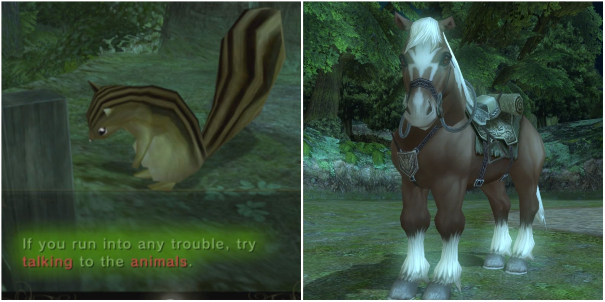 collage of a squirrel giving advice and Link's horse, Epona, in The Legend of Zelda: Twilight Princess