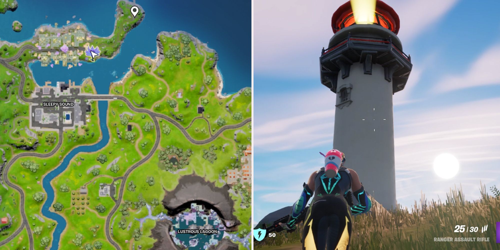 Fortnite map marker at the lighthouse. Paradigm skin walking towards a towering white lighthouse.