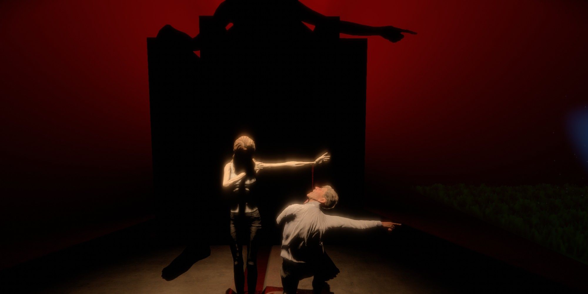 A statue of Raymond drinking blood from a woman's wrist in The Mortuary Assistantant