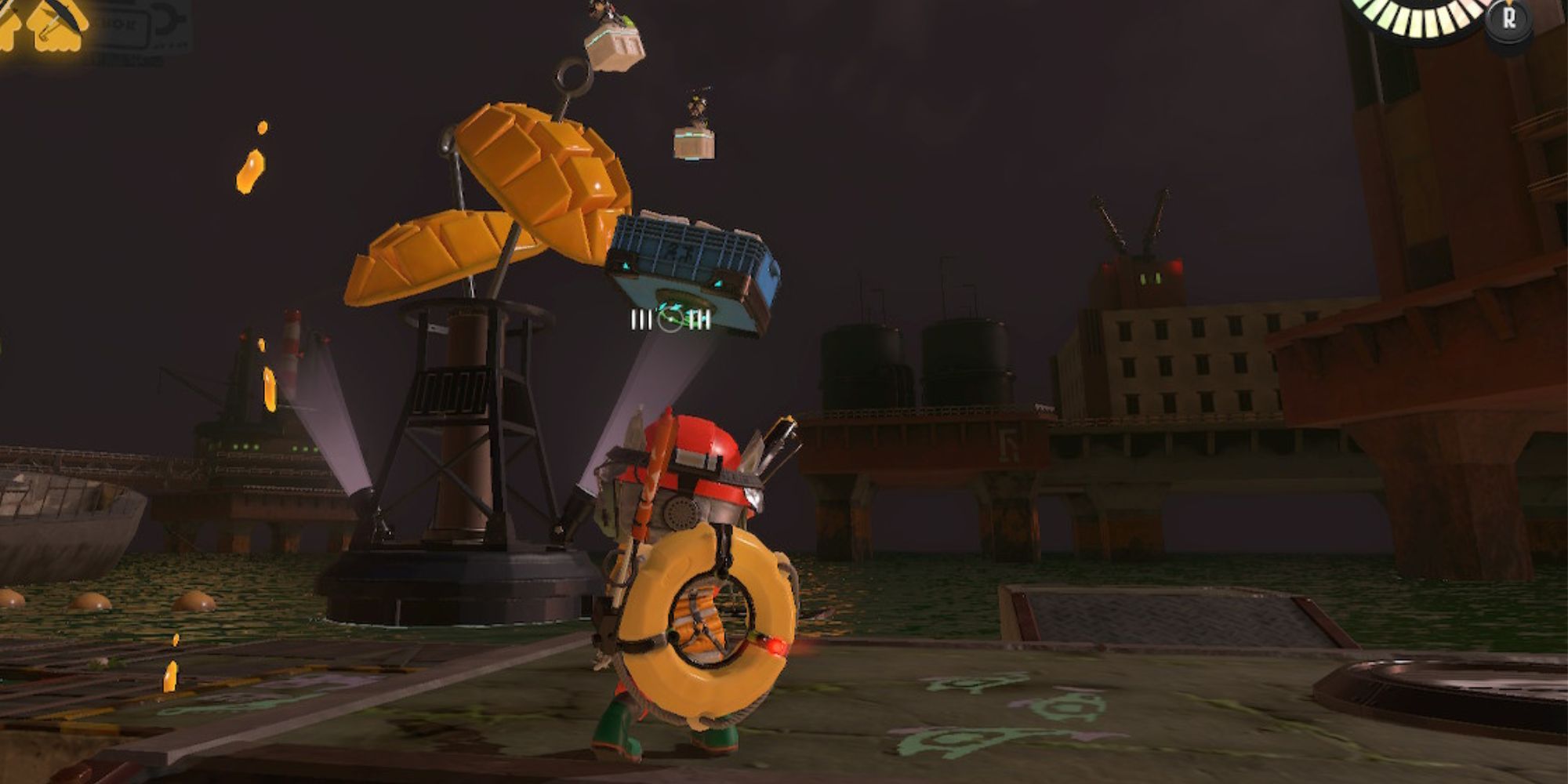 An Inkling looks up at a Mothership at Sockeye Station