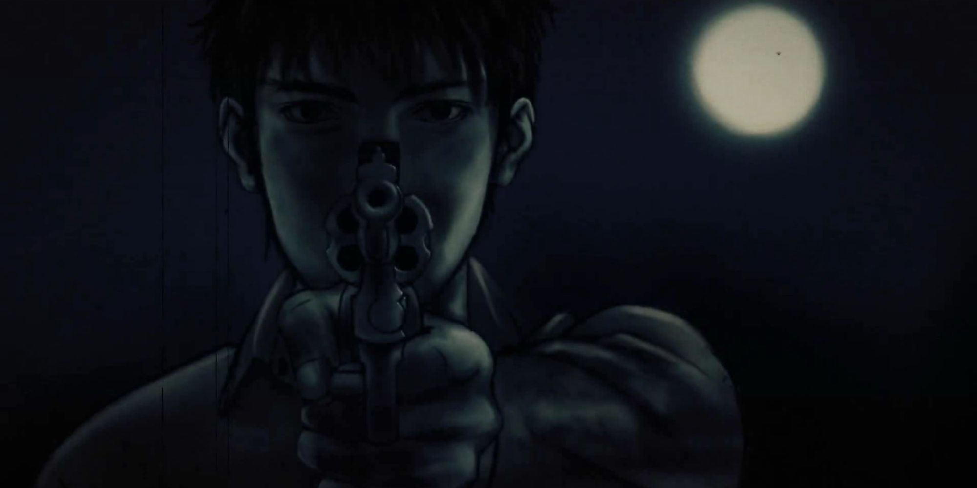A man holding a gun toward the viewer in dim moonlight.