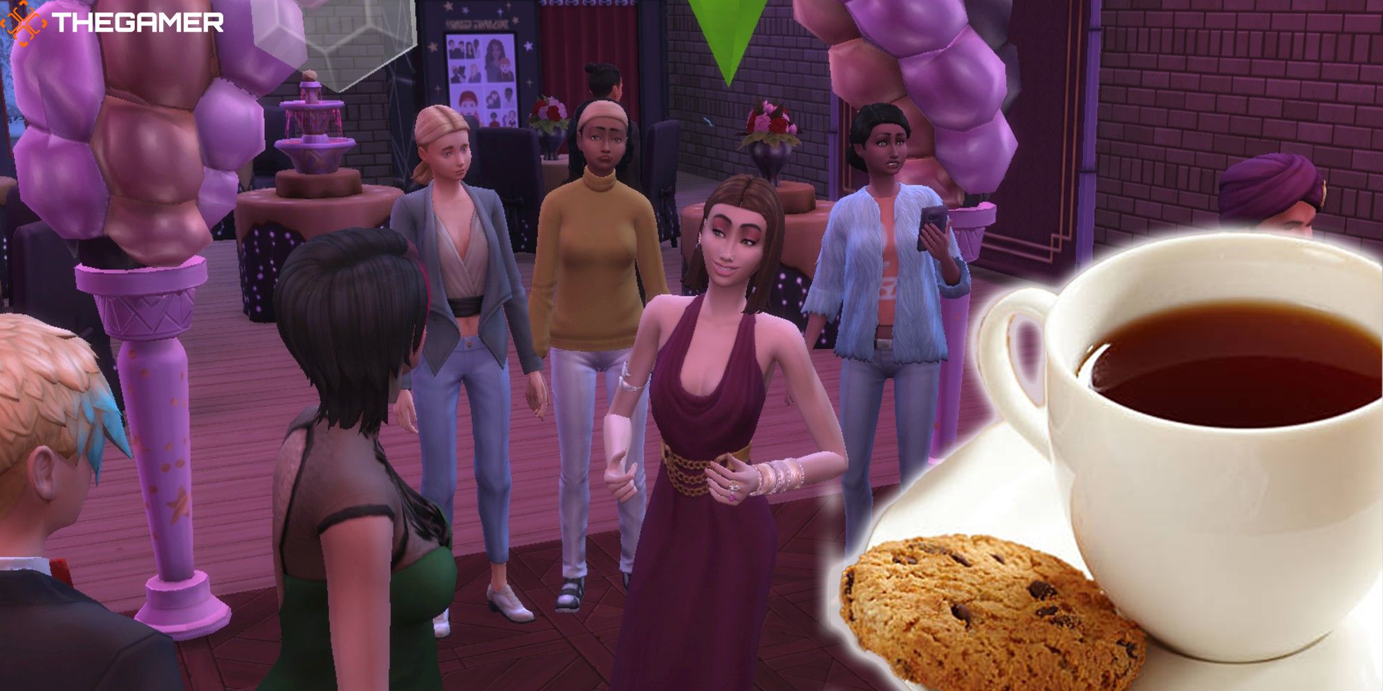 The Sims dance and mingle at a party near a fresh cup of coffee. Custom image for TG.