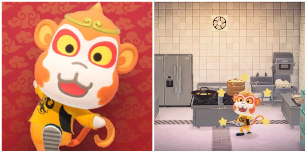 Split image screenshots of Tiansheng's poster and Tiansheng in his house in Animal Crossing New Horizons.