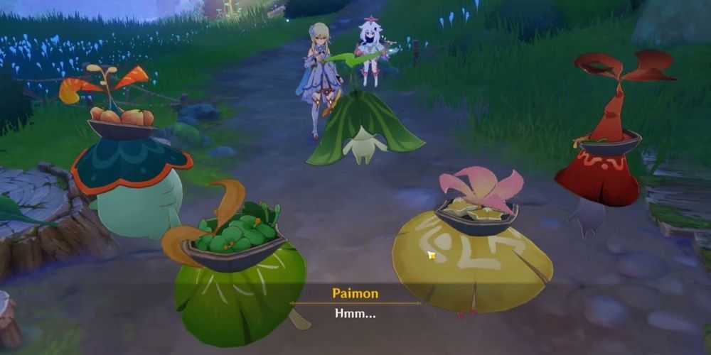 Traveler and Paimon with Aranara in Genshin Impact