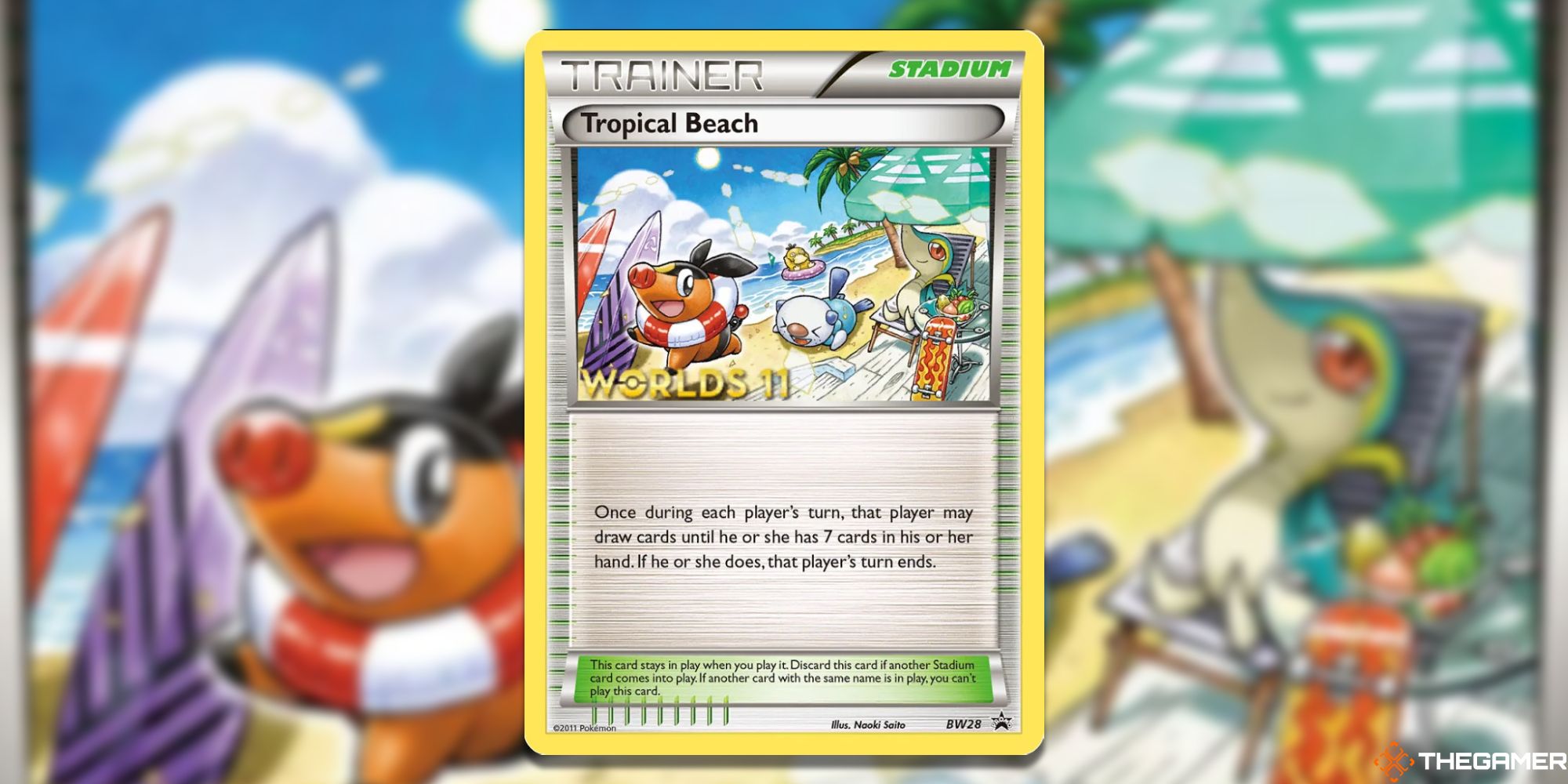 Tropical Beach 2011 Pokemon TCG Card with blurred background