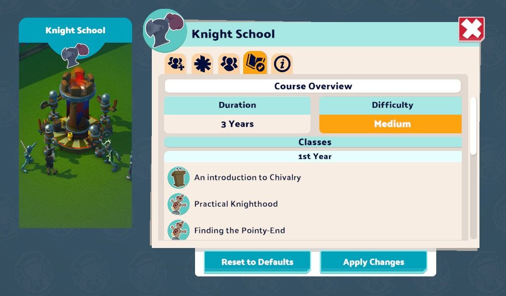 Two Point Campus - screenshot of Knight School Course Overview panel