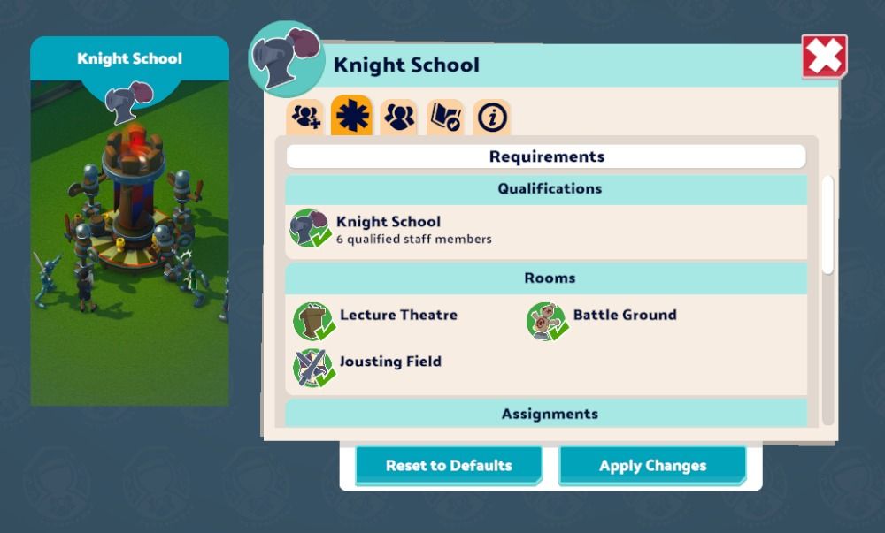 Two Point Campus - screenshot of the Knight School Requirements Panel