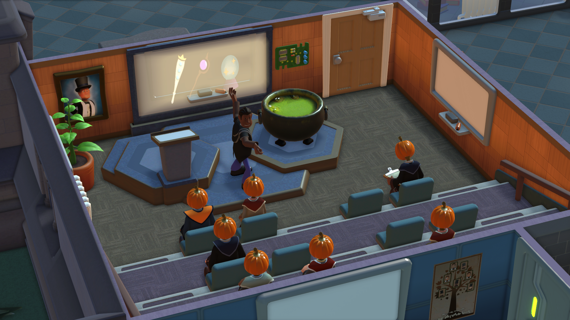 Two Point Campus Pumpkin Head Wizards Studying in Lecture Theatre