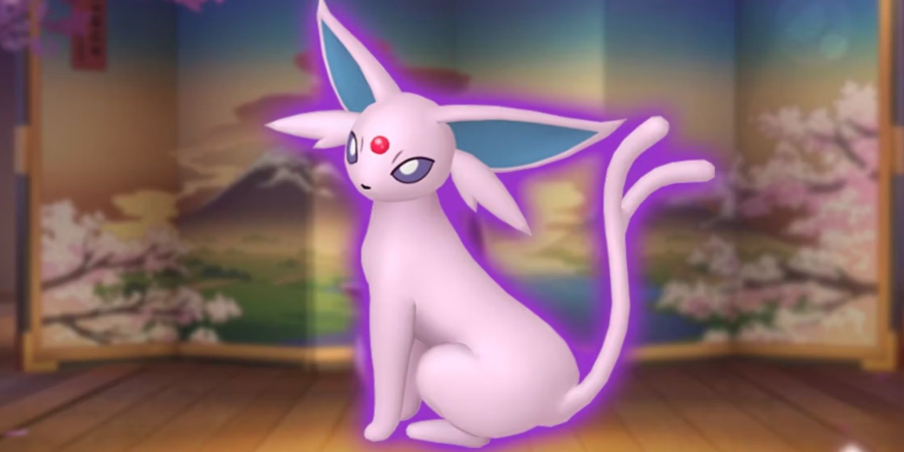Espeon poses in front of an ornate screen.