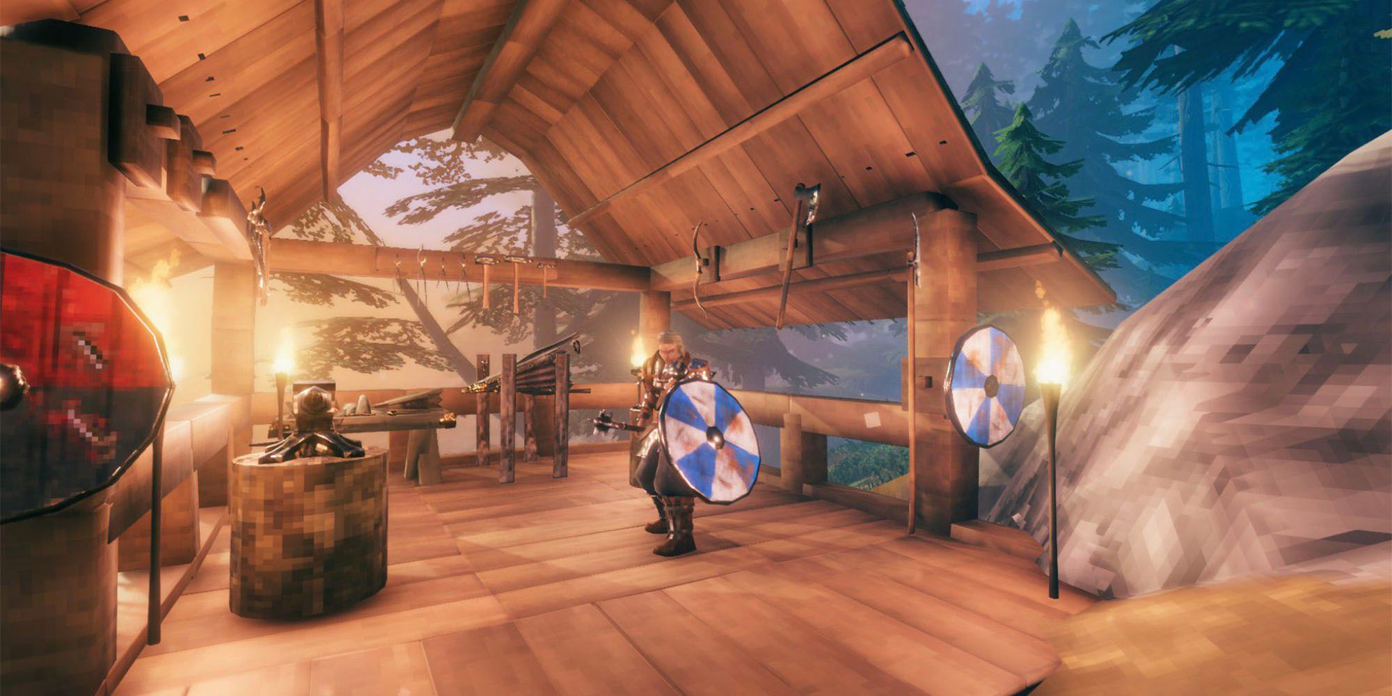 Valheim main character in smithy he built up high using scaffolding