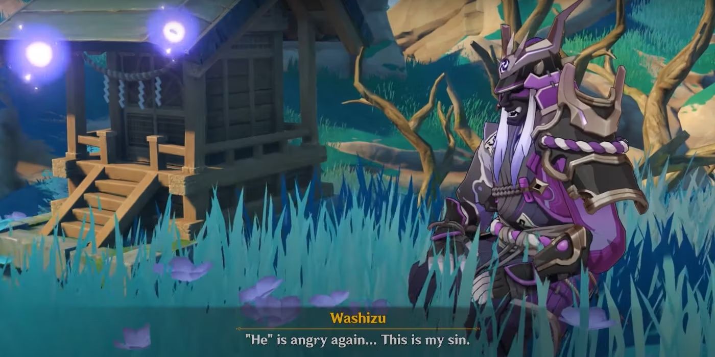 Washizu sitting next to a shrine in Inazuma in Genshin Impact