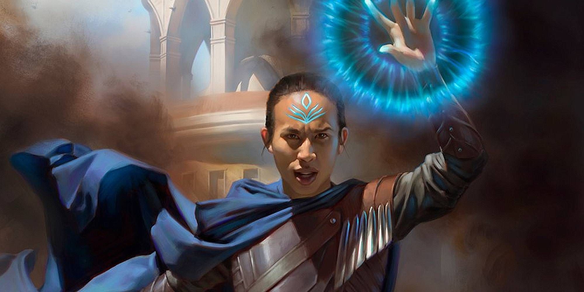 A tanned skin humanoid with a tattoo on the brow raises their hand which glows with blue magic