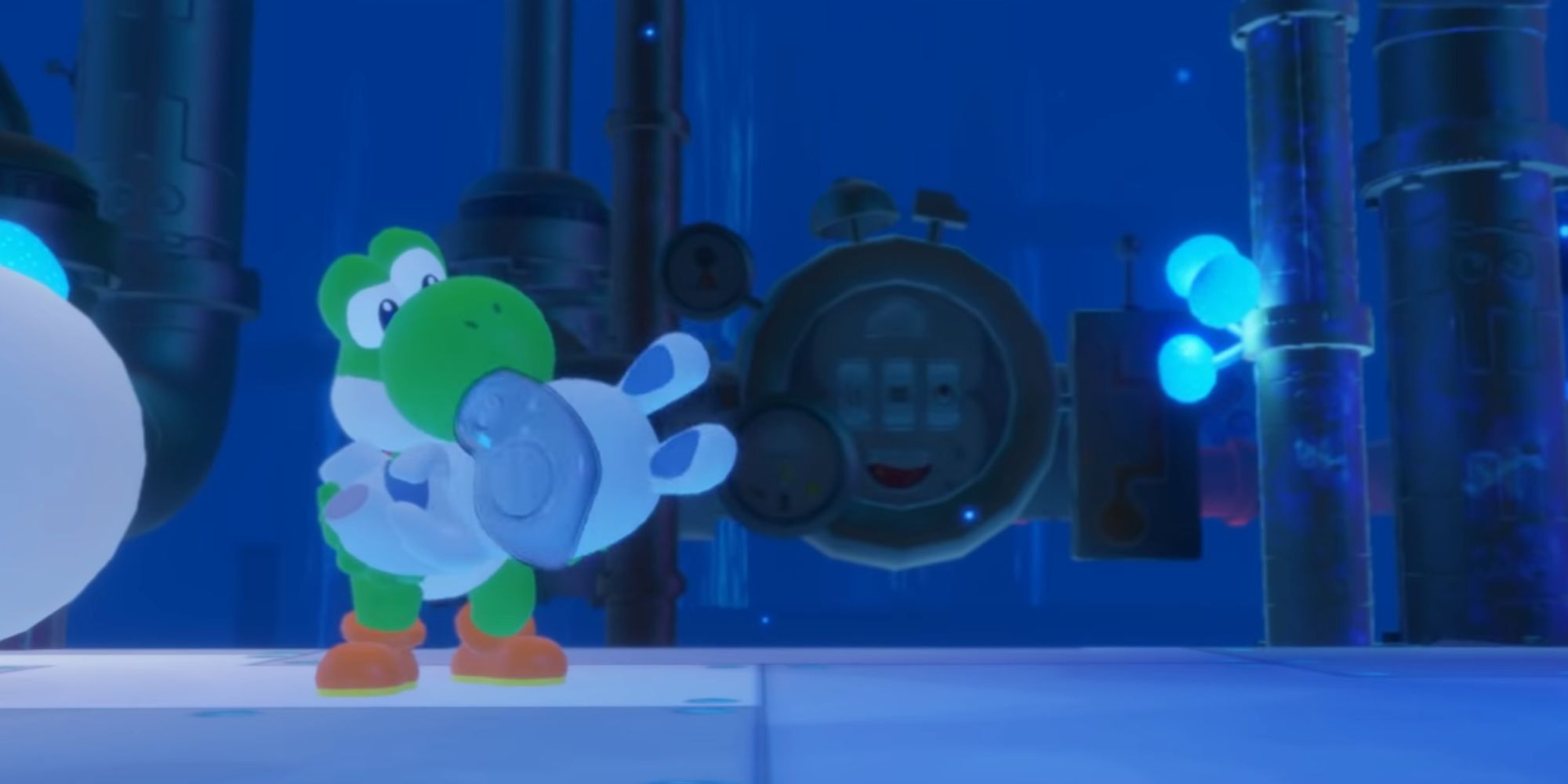 Yoshi holds Spawny beside some steel pipes