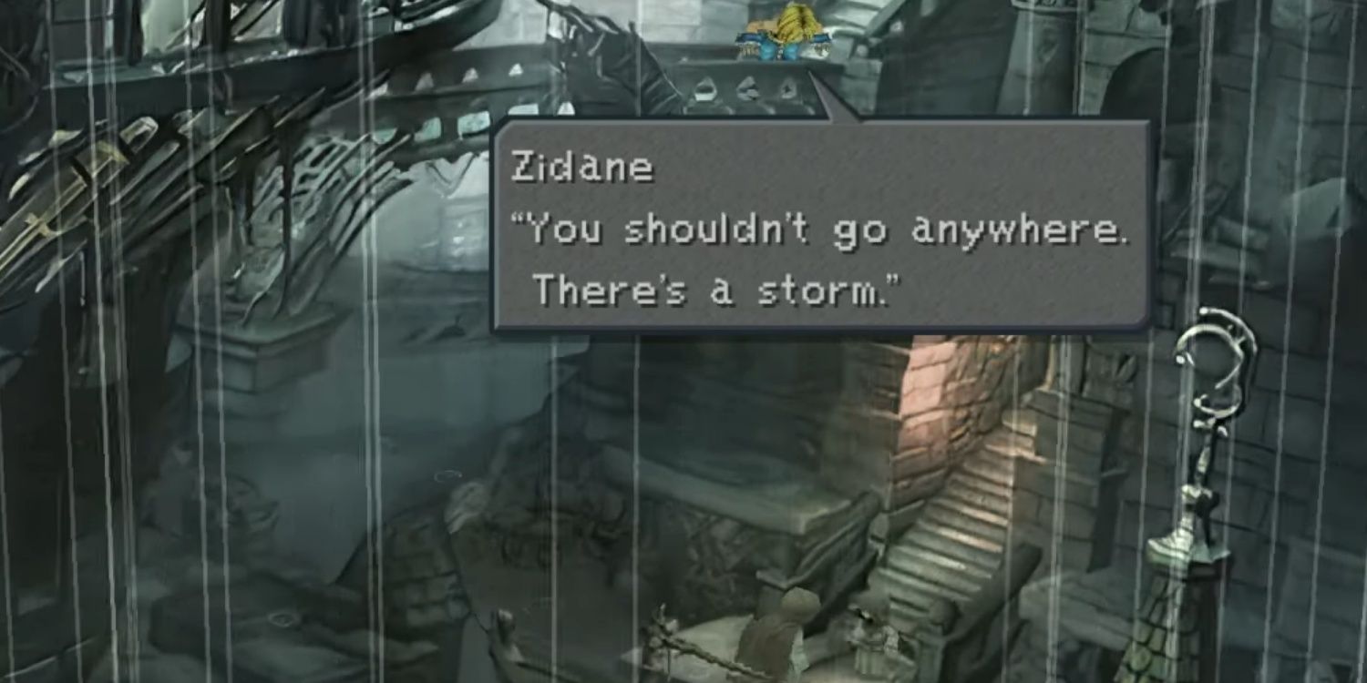 Zidane seeing Garnet's memory of a cloaked figure and a little girl boarding a boat in a storm in Final Fantasy 9.