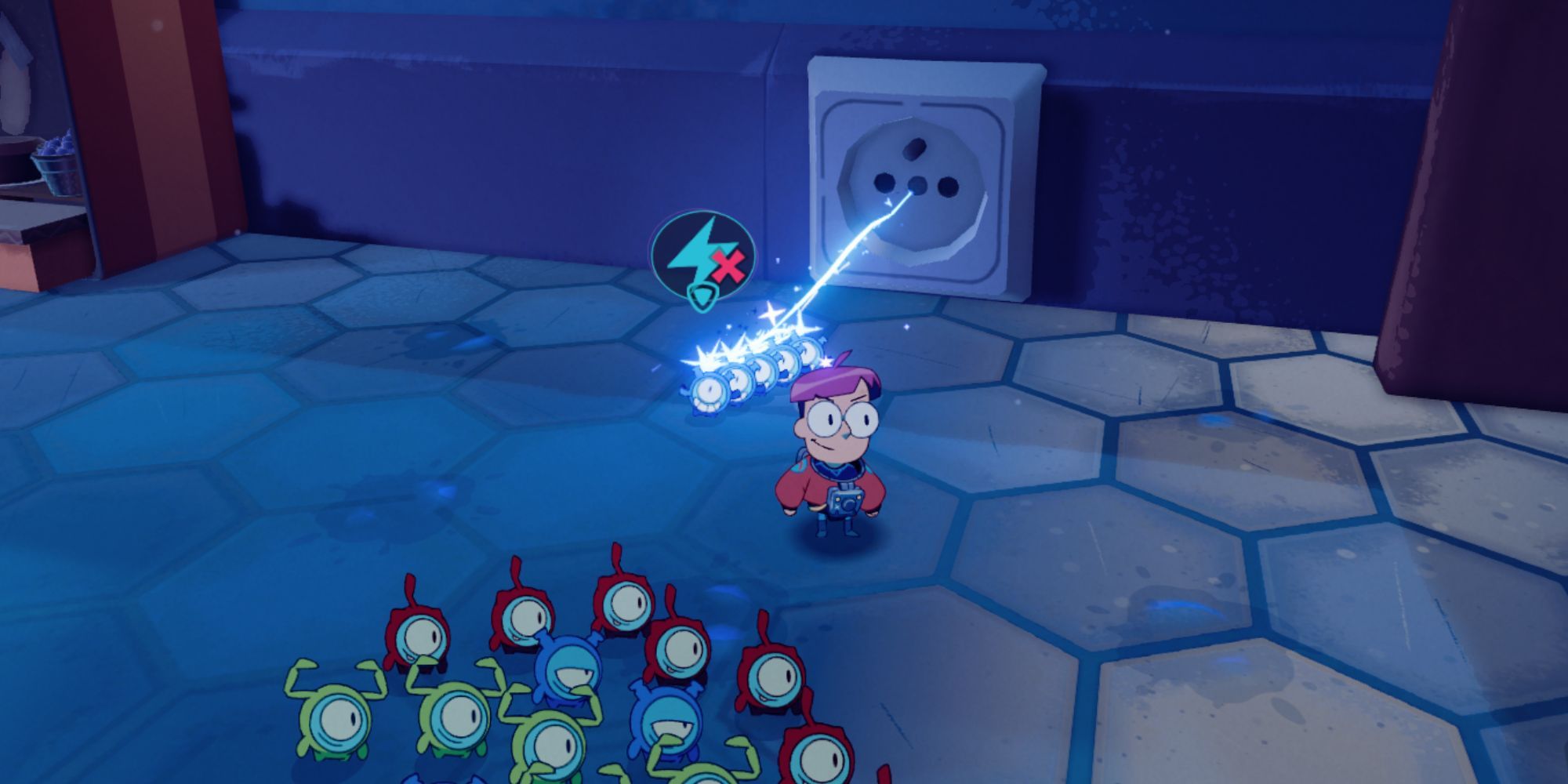 Milo throwing blue tinykin to connect wires together.