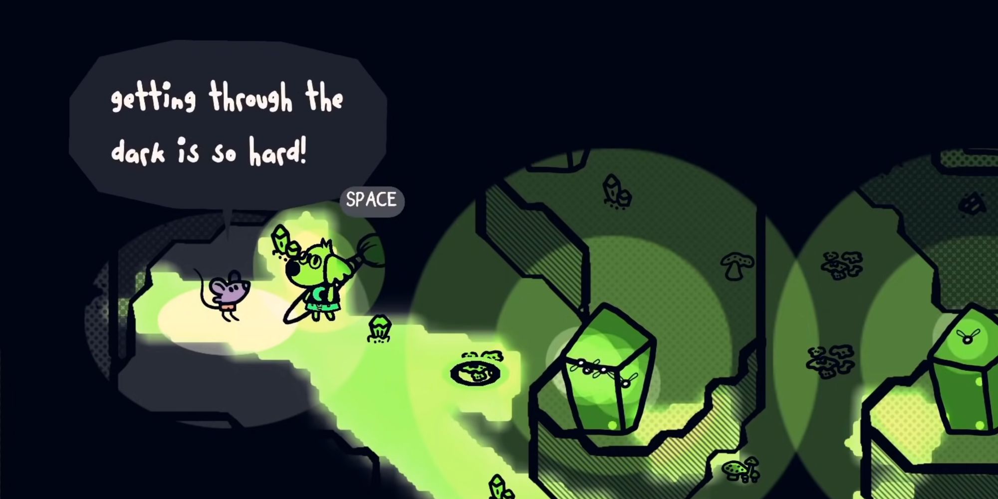 A screenshot from Chicory, showing the player character talking to a lost mouse inside a dark cave