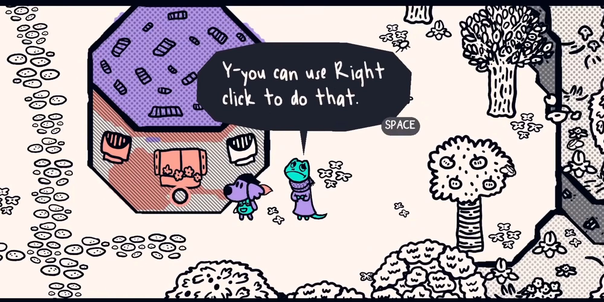 A screenshot from Chicory, showing a lizard telling the player character that they can right-click to interact with the environment