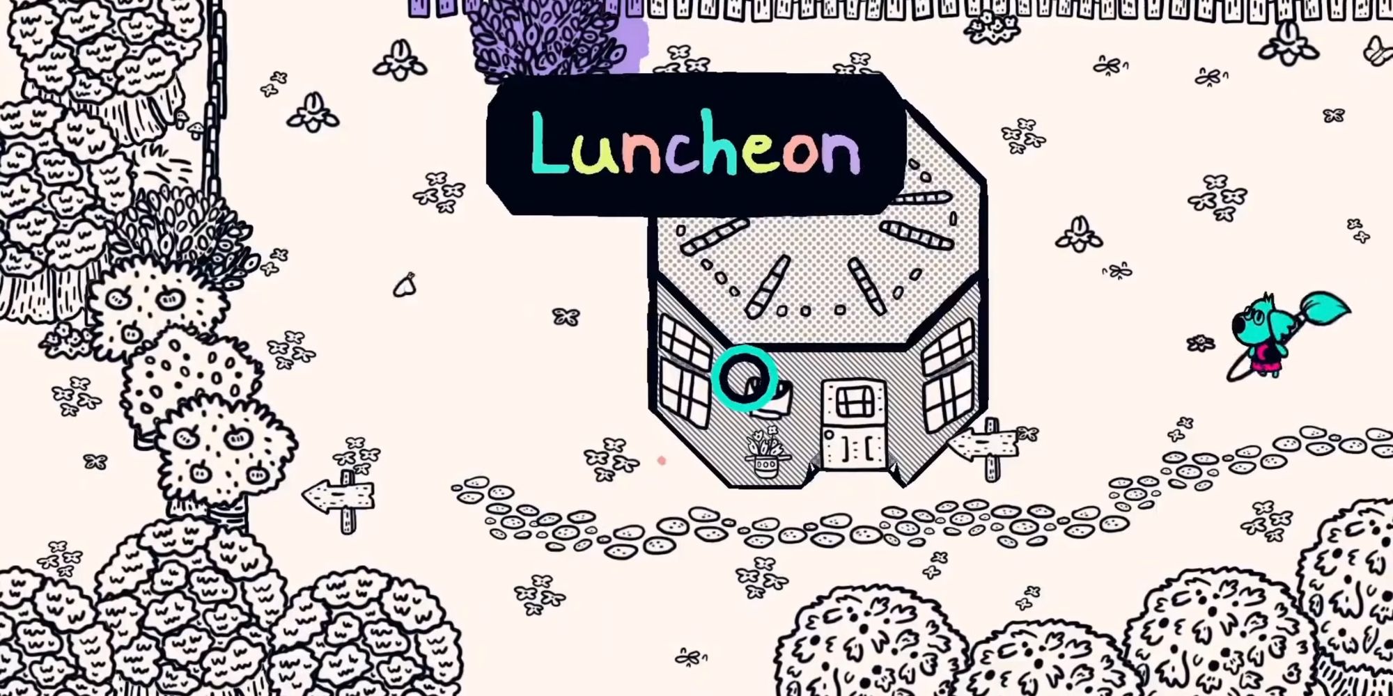 A screenshot from Chicory, showing the player character standing next to a house in the land of Luncheon